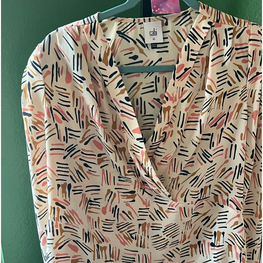 CABi Marni Blouse Abstract Brush Print ivory, navy, mustard, & coral. NWOT #046